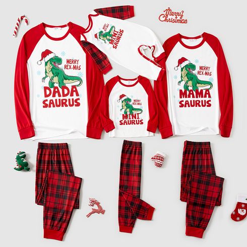 Christmas Family Matching Red Raglan-sleeve Dinosaur & Letter Print Plaid Pajamas Sets (Flame Resistant)