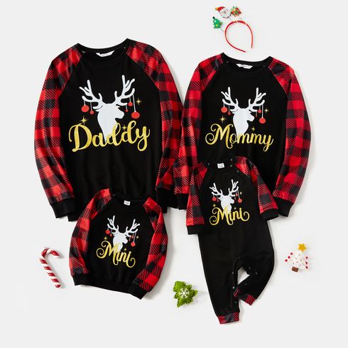 Christmas Family Matching Red Plaid Raglan-sleeve Deer & Letter Print Sweatshirts