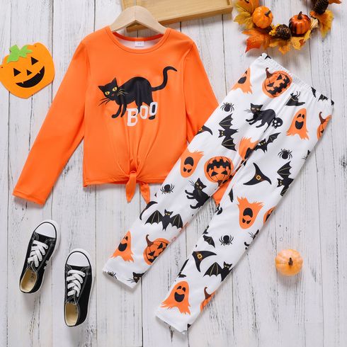 2pcs Kid Girl Halloween Graphic Tie Knot Long-sleeve Tee and Allover Print Leggings Set