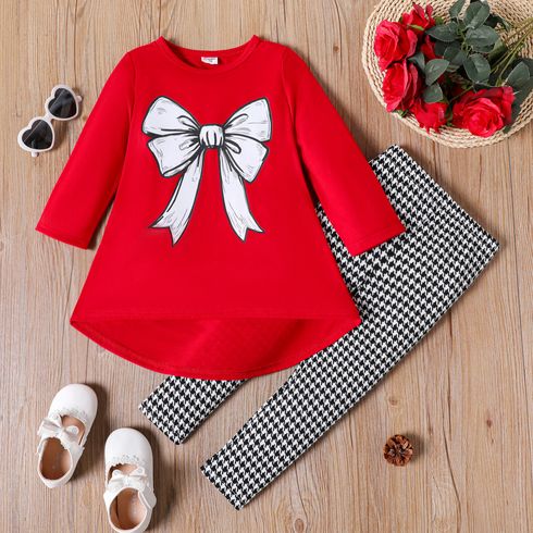 2pcs Toddler Girl Bowknot Print High Low Long-sleeve Tee and Houndstooth Leggings Set