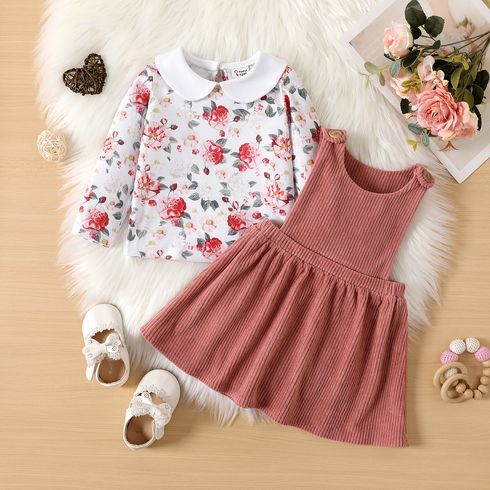 2pcs Baby Girl Peter Pan Collar Long-sleeve Floral Print Top and Corduroy Tank Dress Set