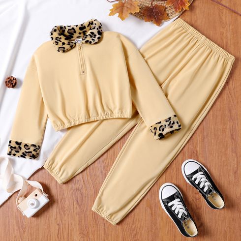 2pcs Kid Girl Leopard Print Splice Jacket and Pants Set