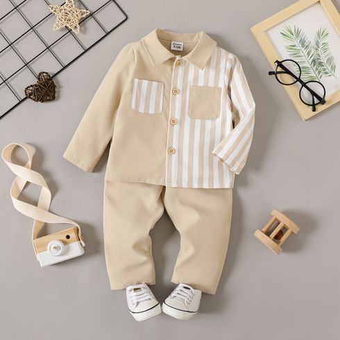 2pcs Baby Boy/Girl Apricot Spliced Striped Long-sleeve Shirt and Pants Set