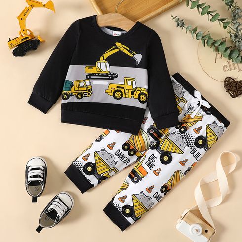 2pcs Baby Girl Long-sleeve Construction Vehicle Print Sweatshirt and Sweatpants Set