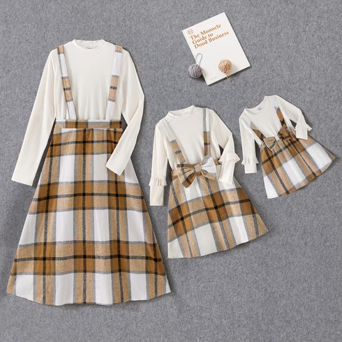 Mommy and Me Solid Rib Knit Mock Neck Long-sleeve Tops with Plaid Overall Dresses Sets