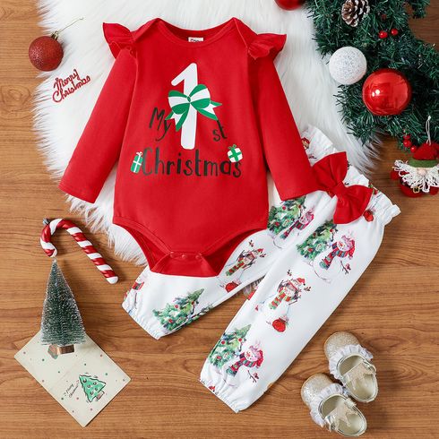 Christmas 2pcs Baby Girl 95% Cotton Ruffle Long-sleeve Letter Graphic Romper and Bow Front Allover Print Pants Set