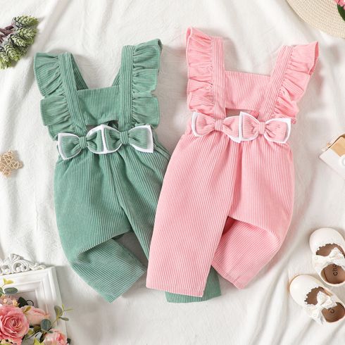 Baby Girl Bow Front Solid Corduroy Ruffle Trim Overalls