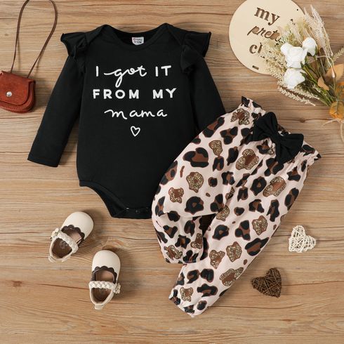 2pcs Baby Girl Letter Embroidered Rib Knit Ruffle Long-sleeve Romper and Bow Front Leopard Print Pants Set