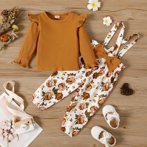 2pcs Baby Girl Solid Rib Knit Ruffle Long-sleeve Top and Bow Front Allover Floral Print Suspender Pants Set