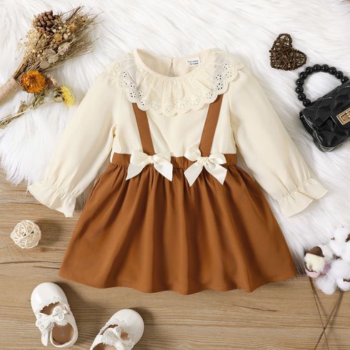 Baby Girl Ruffle Collar Long-sleeve Bow Front Solid Spliced Dress