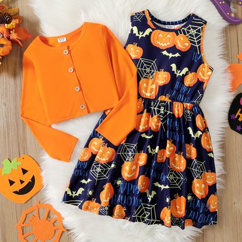 2pcs Kid Girl Halloween Graphic Sleeveless Dress and Button Design Cardigan Set