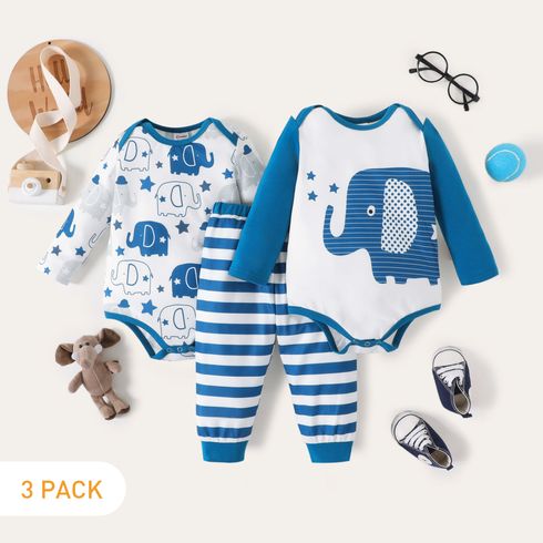 3-Pack Baby Boy Elephant Print Long-sleeve Rompers and Striped Pants Set
