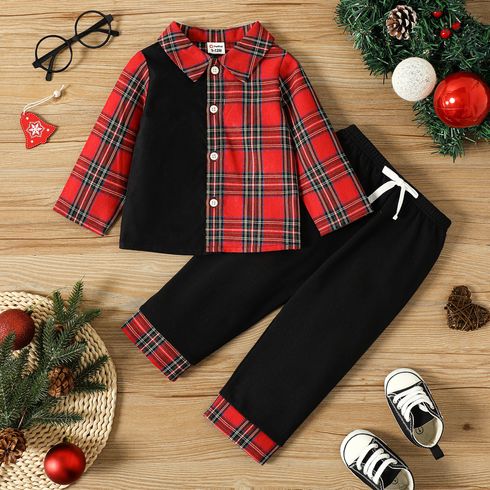Christmas 2pcs Baby Boy/Girl Plaid Spliced Black Long-sleeve Button Up Shirt and Casual Pants Set
