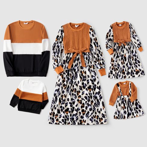 Family Matching Leopard Print Spliced Cable Knit Belted Midi Dresses and Long-sleeve Colorblock Sweatshirts Sets