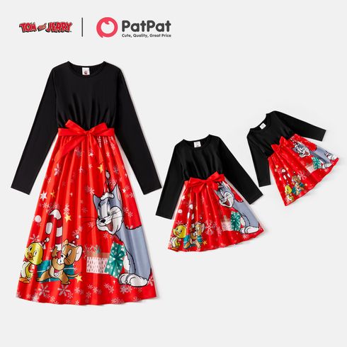 Tom and Jerry Solid Long-sleeve Spliced Cartoon Print Belted Dress for Mom and Me