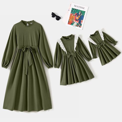Mommy and Me Army Green Rib Knit Frill Mock Neck Long-sleeve Dress