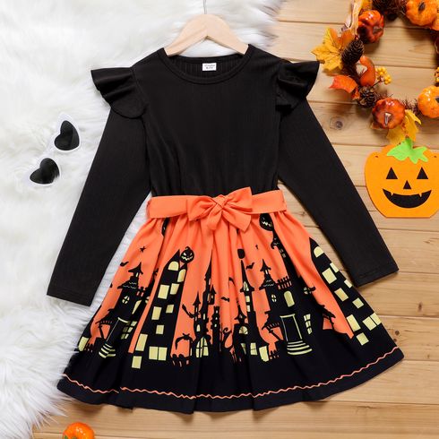 Kid Girl Halloween Graphic Building Print Colorblock Belted Long-sleeve Dress