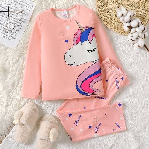 2pcs Kid Girl Unicorn Print Pink Tee and Star Print Pink Pants Pajamas Sleepwear Set