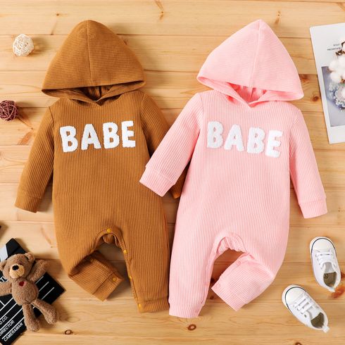 Baby Boy/Girl Letter Embroidered Waffle Textured Long-sleeve Hooded Jumpsuit