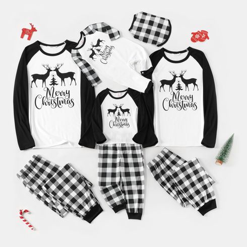 Christmas Family Matching Reindeer & Letter Print Black Raglan-sleeve Plaid Pajamas Sets (Flame Resistant)