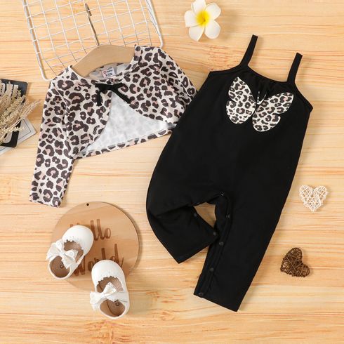 2pcs Baby Girl 95% Cotton Butterfly Print Cami Jumpsuit with Leopard Long-sleeve Cardigan Set