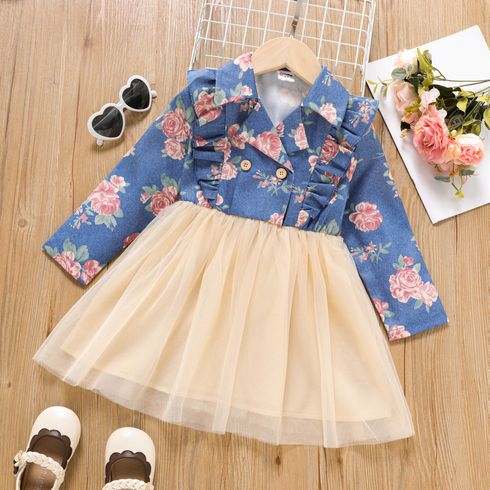 Toddler Girl Floral Print Lapel Collar Denim Mesh Splice Long-sleeve Dress