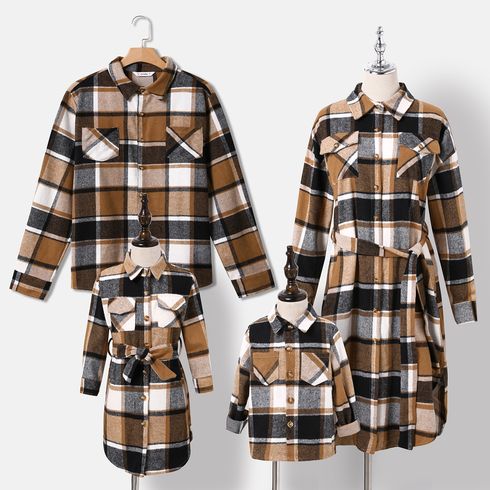 Family Matching Long-sleeve Button Up Coffee Plaid Shirts and Dresses Sets