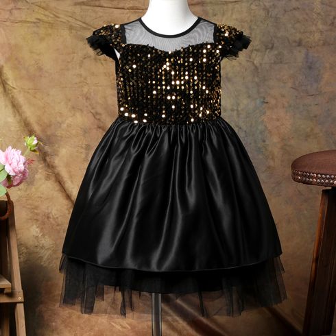 Kid Girl Sequined Mesh Splice Flutter-sleeve Black Party Evening Dress