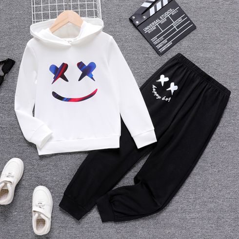 2pcs Kid Boy Face Graphic Print White Hoodie Sweatshirt and Black Pants Set