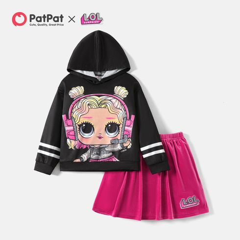 L.O.L. SURPRISE! 2pcs Kid Girl Character Print Hoodie Sweatshirt and Velvet Skirt Set