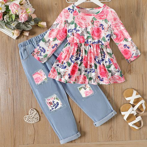 2pcs Kid Girl Floral Print Long-sleeve Tee and Patchwork Denim Jeans Set