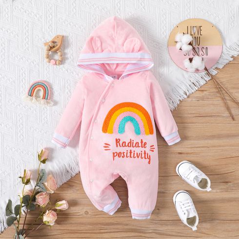 Baby Girl Rainbow & Letter Embroidered Pink 3D Ears Hooded Long-sleeve Jumpsuit