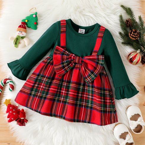Christmas Baby Girl Solid Long-sleeve Spliced Red Plaid Bow Front Dress