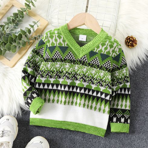Toddler Boy/Girl Boho Geo Pattern Green Knit Sweater