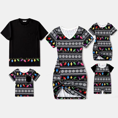 Christmas Family Matching Allover String Lights & Snowflake Print Black Twist Knot Bodycon Dresses and Short-sleeve T-shirts Sets