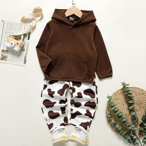2pcs Toddler Girl Pocket Design Hoodie Sweatshirt and Cow Print Pants Set