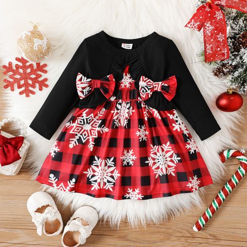 Christmas Baby Girl Allover Snowflake Print Plaid Bow Front Spliced Solid Ruffle Trim Long-sleeve Faux-two Dress