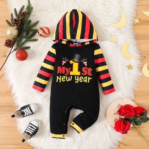 New Year Baby Boy Letter Print Striped Hooded Long-sleeve Jumpsuit