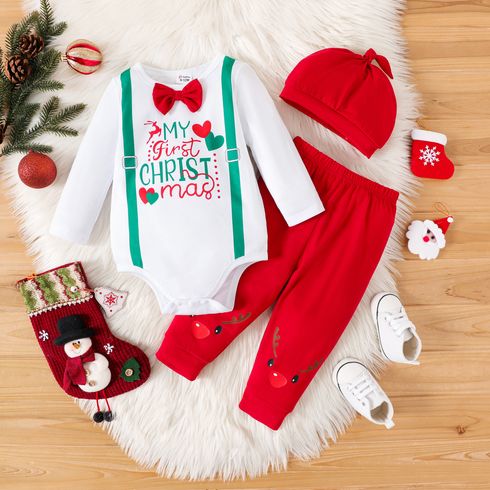Christmas 3pcs Baby Boy Letter Print Long-sleeve Bow Tie Romper and Deer Graphic Pants with Headband Set