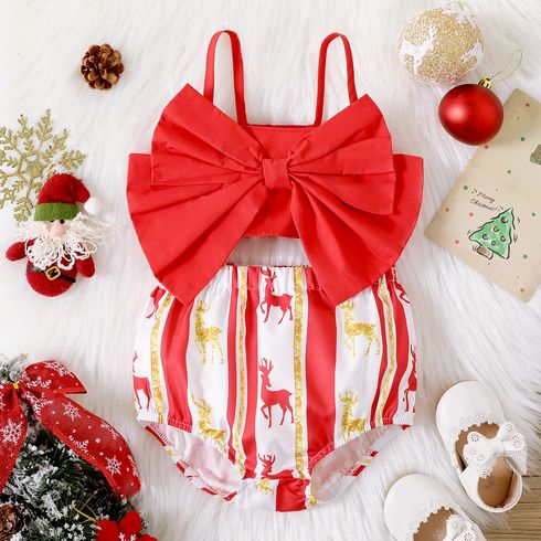 Christmas 2pcs Baby Girl 100% Cotton Red Bow Front Shirred Camisole and Allover Deer Print Striped Shorts Set