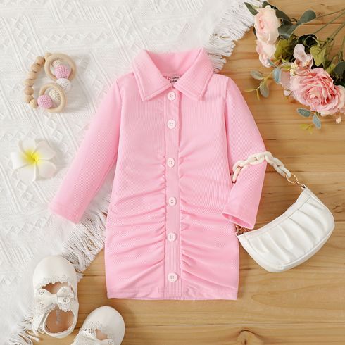 Baby Girl Button Front Pink Rib Knit Long-sleeve Ruched Bodycon Dress
