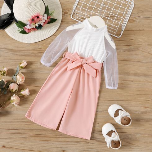 Baby Girl Mock Neck Mesh Long-sleeve Rib Knit Spliced Pink Belted Jumpsuit
