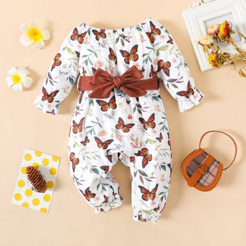 Baby Girl Allover Butterfly Print Off Shoulder Long-sleeve Belted Jumpsuit