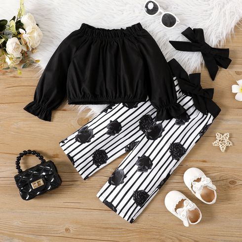 3pcs Baby Girl 100% Cotton Frill Trim Off Shoulder Long-sleeve Top and Allover Black Rose Floral Print Striped Pants with Headband Set