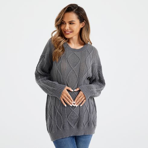 suéter de malha de diamante e cabo de manga longa para maternidade