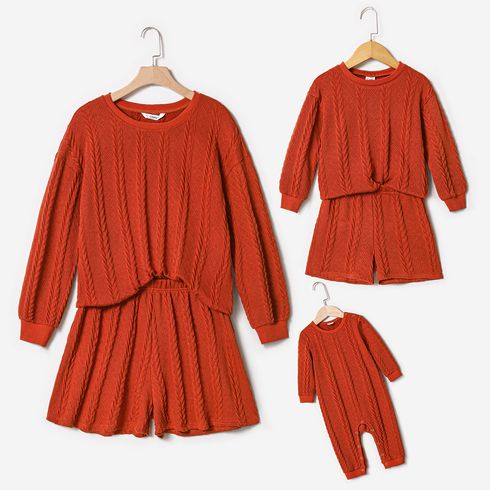 Mommy and Me Solid Cable Knit Textured Drop Shoulder Long-sleeve Pullover and Shorts Sets