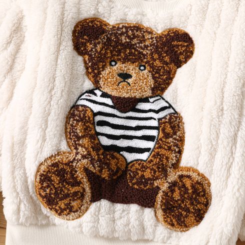 Toddler Girl Playful Bear Embroidered Fleece Sweatshirt OffWhite big image 3