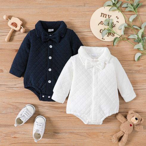 Baby Boy/Girl Bow Front Solid Thickened Quilted Long-sleeve Button Up Romper