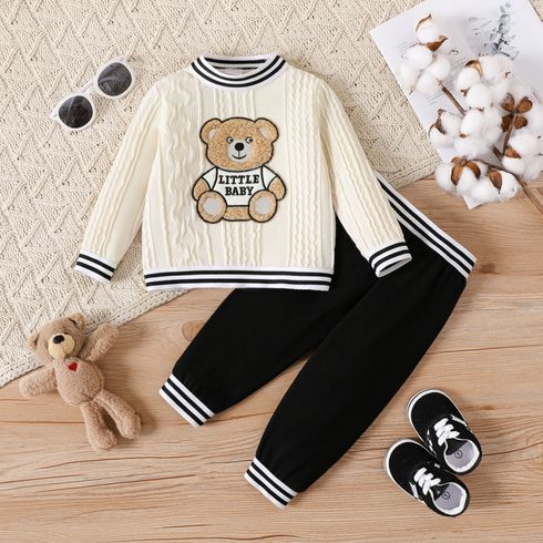 2pcs Baby Boy Bear Embroidered Striped Mock Neck Long-sleeve Cable Knit Sweater and Sweatpants Set