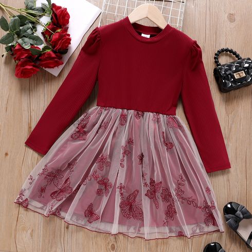 Kid Girl Butterfly Embroidered Mesh Splice Long-sleeve Dress